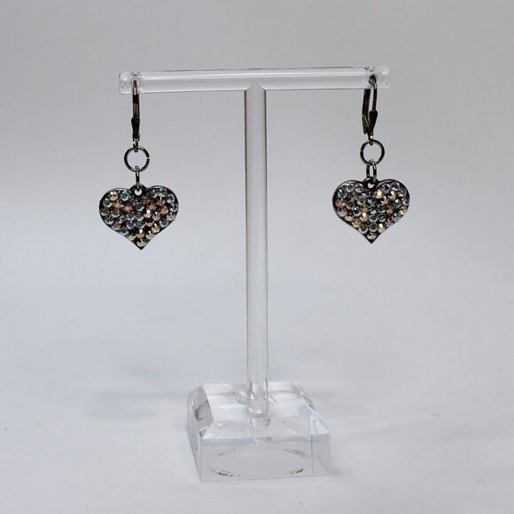 Earrings MARKED 925 STERLING SILVER Pierced Dangle Leverback Heart Rhinestone - Picture 7 of 12